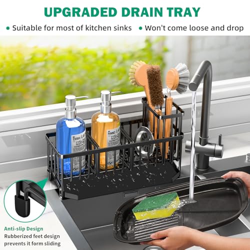 TomCare Extra Large 11'' Sink Caddy With Drain Tray Non-slip Kitchen Sink Organizer With 2 Adjustable Dividers High Brush Holder Rustproof Sponge Holder Kitchen Storage Accessories for Counter - Image 3