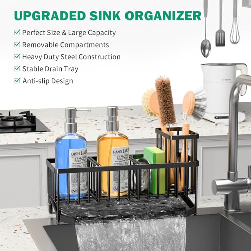 TomCare Extra Large 11'' Sink Caddy With Drain Tray Non-slip Kitchen Sink Organizer With 2 Adjustable Dividers High Brush Holder Rustproof Sponge Holder Kitchen Storage Accessories for Counter - Image 4