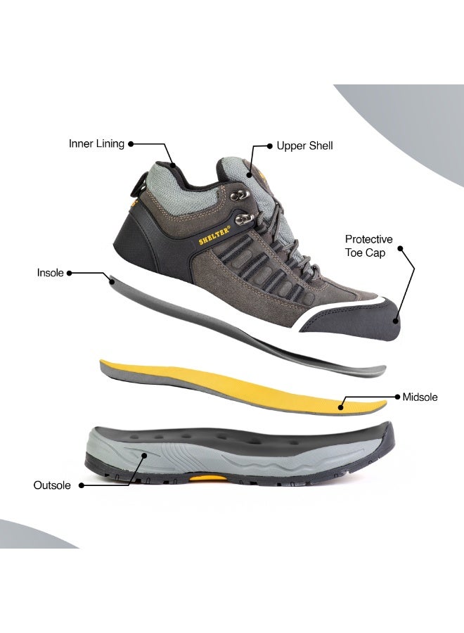SHELTER Industrial Safety Shoes for Men Durable Steel Toe Work Shoes with Cow Split Leather, Breathable Mesh Lining, and Slip-Resistant Sole - Image 5