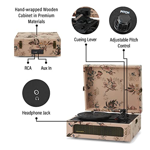 Crosley مشغل أسطوانات كروسلي CR8017B-FL فويجر vintage محمول مع بلوتوث داخلي/خارجي ومكبرات صوت مدمجة، مزهر - Image 3