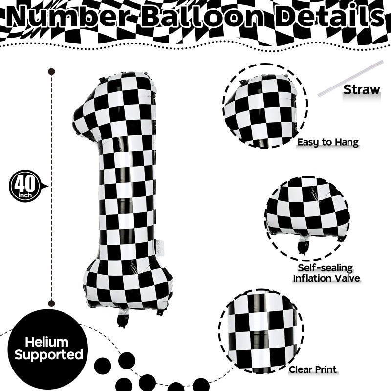 Isndare Checkered Number Balloon 1, Large Self Inflating Black and White Number 1 Balloon Decor, 40 Inch Helium Foil 1 Racing Balloons for Girls Boys 1st Birthday Fast Race Car Flag Party Decorations Supplies - Image 2