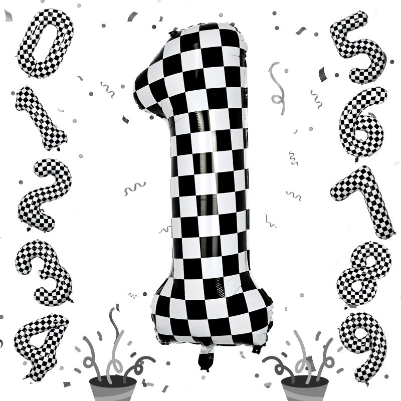 Isndare Checkered Number Balloon 1, Large Self Inflating Black and White Number 1 Balloon Decor, 40 Inch Helium Foil 1 Racing Balloons for Girls Boys 1st Birthday Fast Race Car Flag Party Decorations Supplies - Image 1