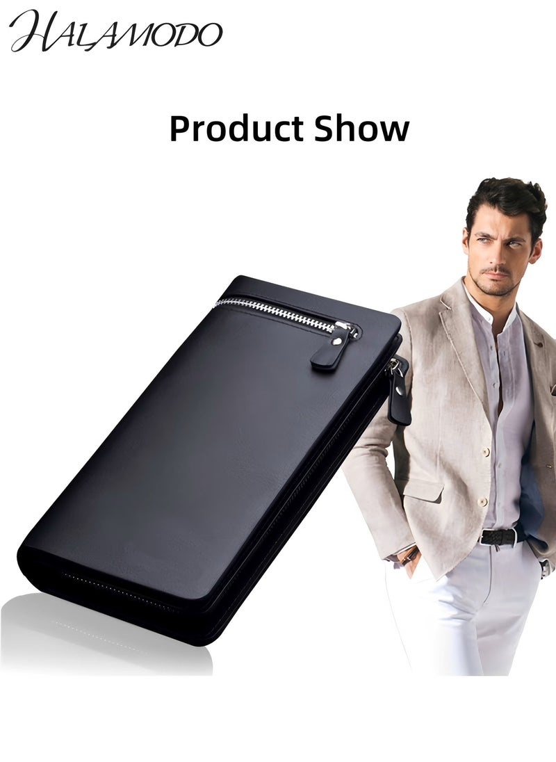 HALAMODO Men's Wallet Leather Long Purse Credit Card Holder Large Capacity Wallet Phone Bag Slim Clutch Bag Zipper Wallet Business Purse Money Organizers  - Image 2