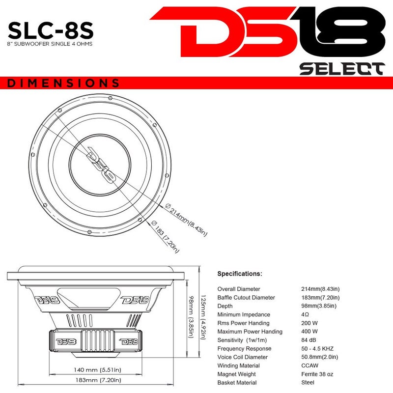 DS18 SLC-8S Subwoofer in Black - 8-Inch Speaker, 400W Max Power, 200W RMS Power, Aluminum 4 Layer Voice Coil, Black Steel Frame, SVC, 4 Ohm Impedance, Ferrite Magnet (1 Speaker) (SLC8S) - Image 3