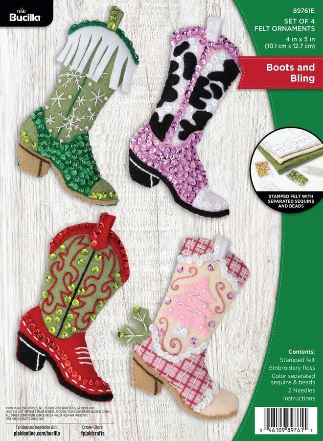 Bucilla, Boots and Bling, Perfect for DIY Arts and Crafts Felt Applique 4 Piece Ornament Making Kit - Image 1