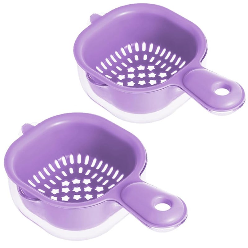 QCEN Kitchen DualLayer Draining Basket with Handle Detachable Fruit and Vegetable Plastic Washing Drainer Strainer Bowl Colander Basin Handy Mini Berry and Tomato Washer Purple2PCS - Image 1