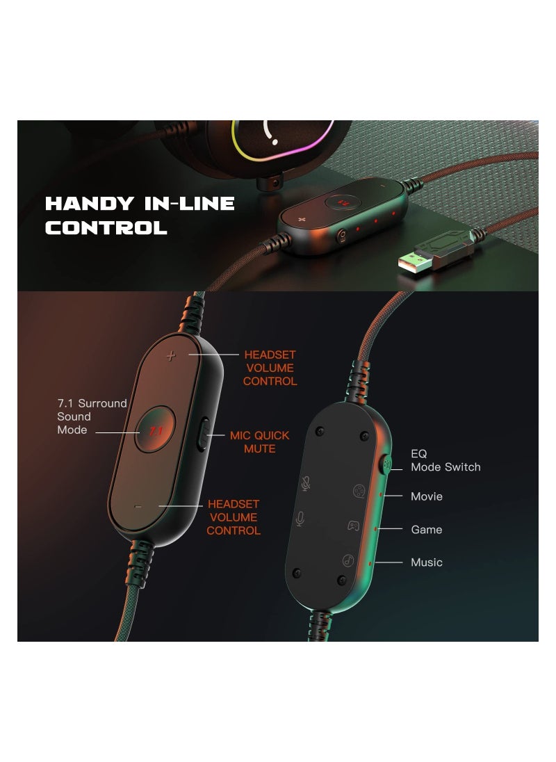 FIFINE FIFINE Gaming Headset with Microphone, Over Ear Headphones with Wable, USB Headset for PC PS4 PS5, Headphone with 7.1 Surround Sound for Esport Gaming, RGB, 3 EQ Modes, Ear Pads - H6  - Image 3