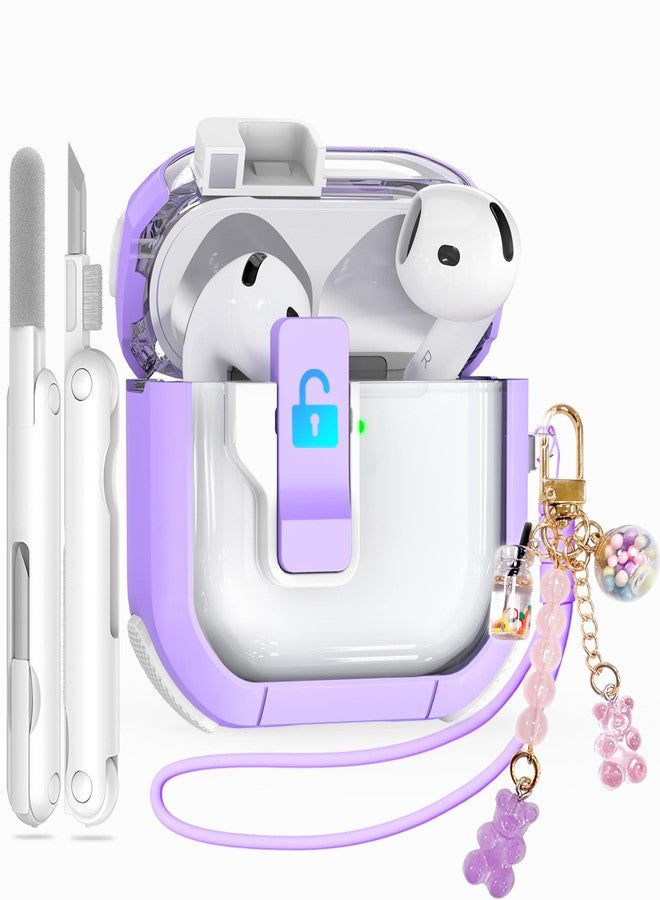 Ekoonpft Clear Case for AirPods 4th Generation Case with Cleaner Kit, Secure Lock Case for Apple AirPods 4 Case Cover with Silicone Wrist Strap Cute Candy Keychain for Women (Purple) - Image 1