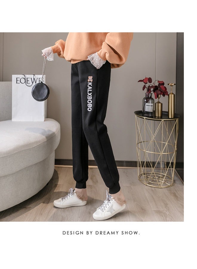 Cartoon-patterned fleece-lined loose-fitting maternity pants, suitable for both home and outings (black). - Image 3