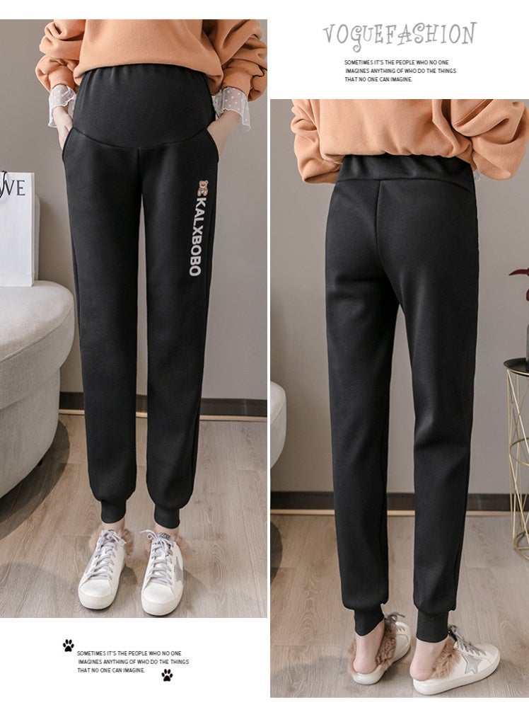 Cartoon-patterned fleece-lined loose-fitting maternity pants, suitable for both home and outings (black). - Image 5
