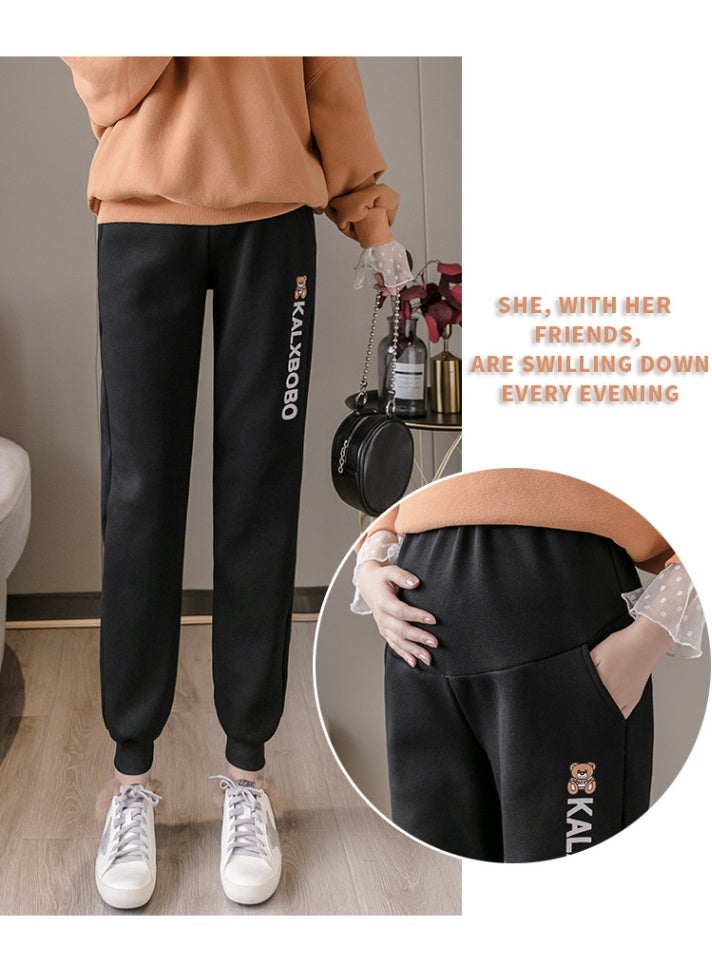 Cartoon-patterned fleece-lined loose-fitting maternity pants, suitable for both home and outings (black). - Image 2