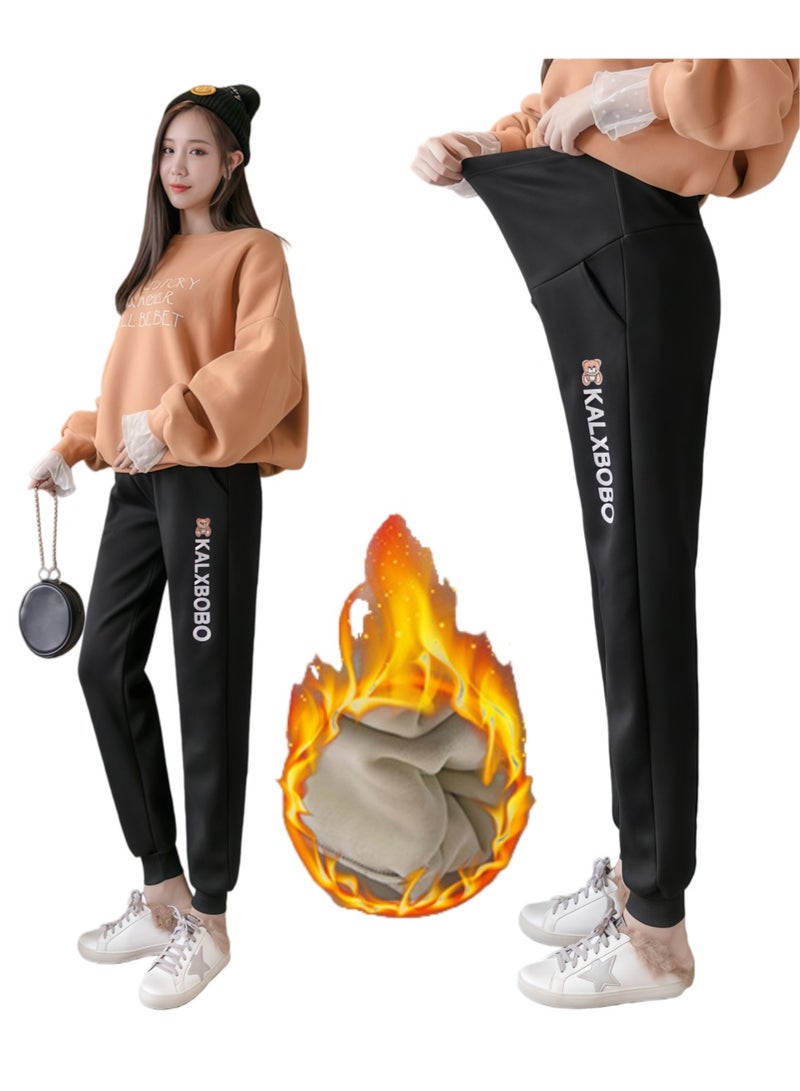 Cartoon-patterned fleece-lined loose-fitting maternity pants, suitable for both home and outings (black). - Image 1