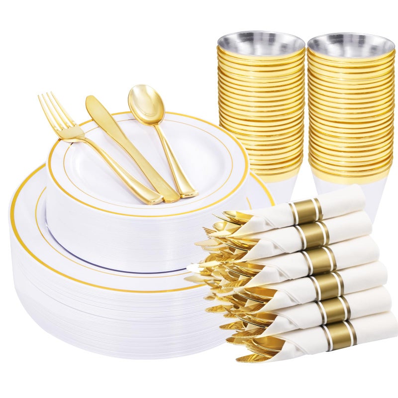 WELLIFE 210 Piece Gold Plastic Dinnerware Set  Include: 30 Dinner Plates  30 Dessert Plates  30 Pre Rolled Napkins with Silverware and 30 Cups - Image 1