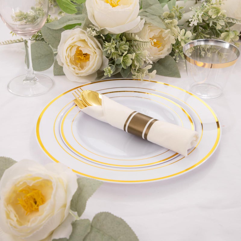 WELLIFE 210 Piece Gold Plastic Dinnerware Set  Include: 30 Dinner Plates  30 Dessert Plates  30 Pre Rolled Napkins with Silverware and 30 Cups - Image 4