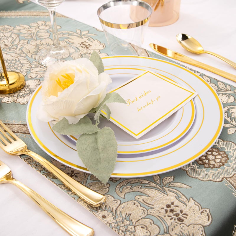 WELLIFE 210 Piece Gold Plastic Dinnerware Set  Include: 30 Dinner Plates  30 Dessert Plates  30 Pre Rolled Napkins with Silverware and 30 Cups - Image 3