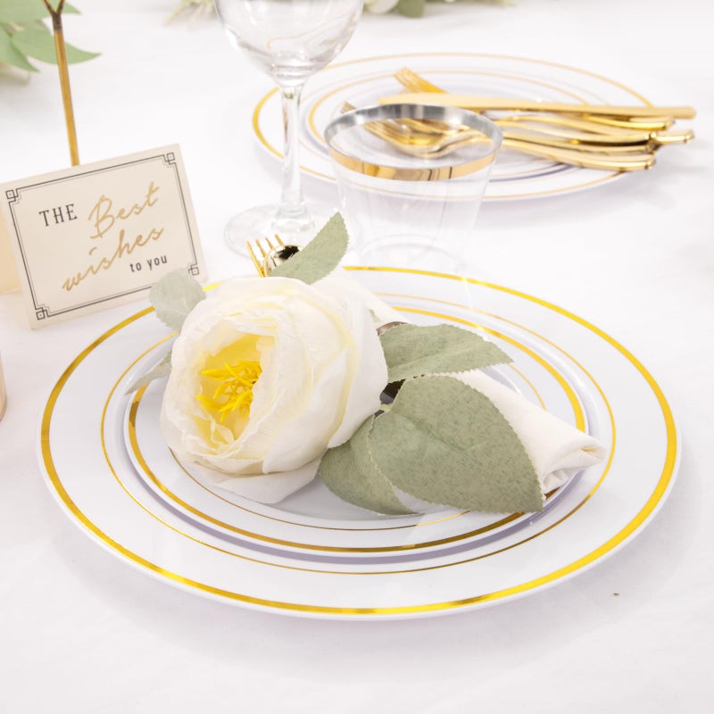 WELLIFE 210 Piece Gold Plastic Dinnerware Set  Include: 30 Dinner Plates  30 Dessert Plates  30 Pre Rolled Napkins with Silverware and 30 Cups - Image 5
