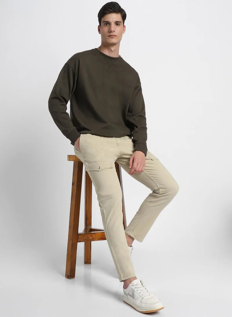 Dennis Lingo Slim Fit Light Khaki Men's Cotton Lycra Cargo Trouser, Mid Rise, Full Length, Casual