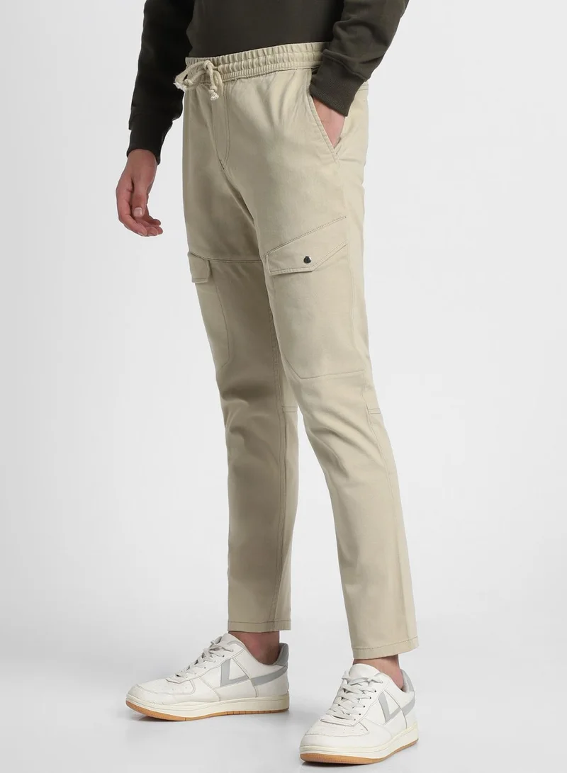 Dennis Lingo Slim Fit Light Khaki Men's Cotton Lycra Cargo Trouser, Mid Rise, Full Length, Casual