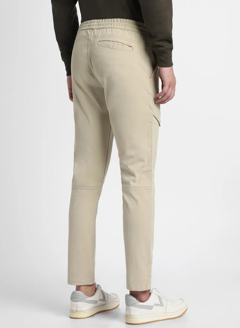Dennis Lingo Slim Fit Light Khaki Men's Cotton Lycra Cargo Trouser, Mid Rise, Full Length, Casual
