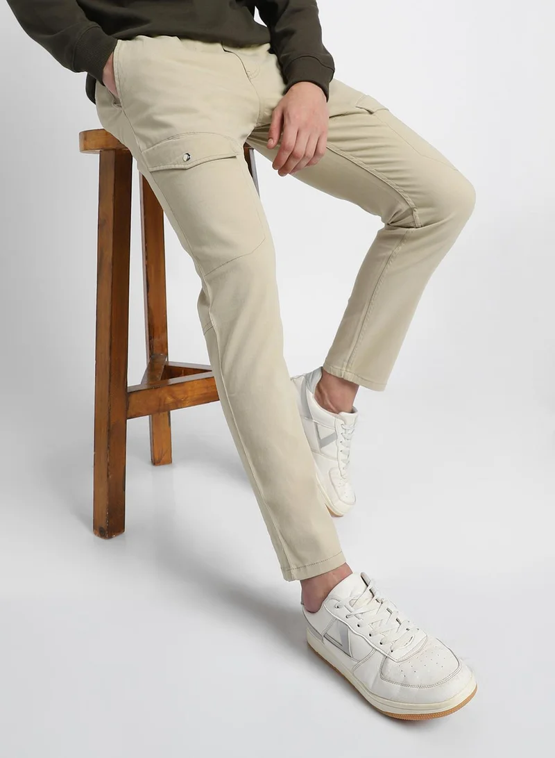 Dennis Lingo Slim Fit Light Khaki Men's Cotton Lycra Cargo Trouser, Mid Rise, Full Length, Casual