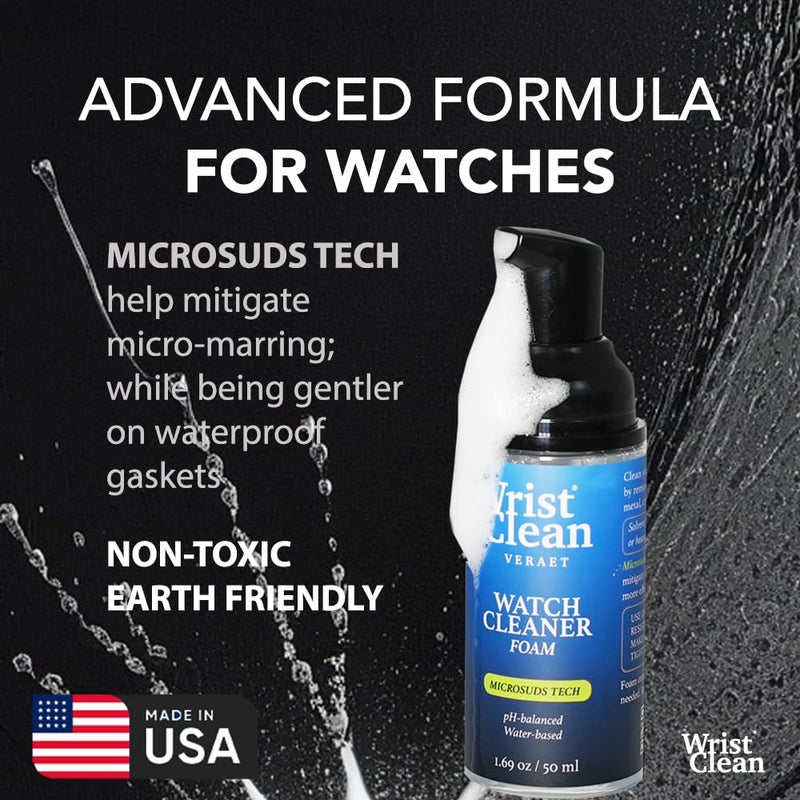WristClean طقم تنظيف الساعات الأساسي | آمن على جميع المعادن والبلورات | (1x) رغوة منظف الساعات 50 مل، (1x) قطعة قماش لتنظيف الساعات والمجوهرات 10"x10"، (1x) فرشاة تنظيف الساعات | صنع في الولايات المتحدة (طقم مكون من 3 قطع) - Image 3