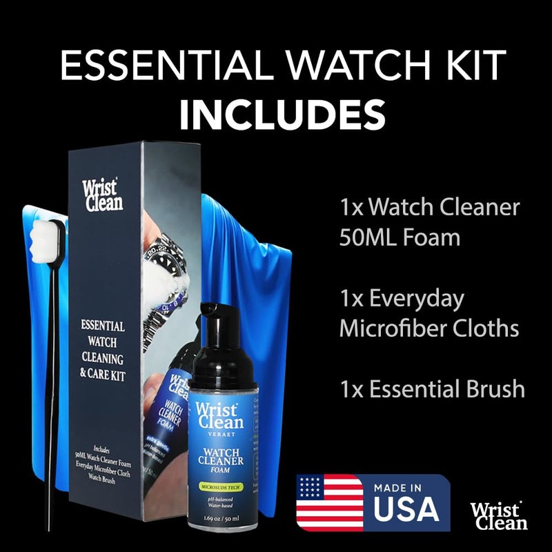 WristClean طقم تنظيف الساعات الأساسي | آمن على جميع المعادن والبلورات | (1x) رغوة منظف الساعات 50 مل، (1x) قطعة قماش لتنظيف الساعات والمجوهرات 10"x10"، (1x) فرشاة تنظيف الساعات | صنع في الولايات المتحدة (طقم مكون من 3 قطع) - Image 4