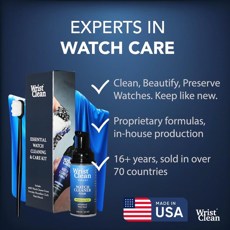 WristClean طقم تنظيف الساعات الأساسي | آمن على جميع المعادن والبلورات | (1x) رغوة منظف الساعات 50 مل، (1x) قطعة قماش لتنظيف الساعات والمجوهرات 10"x10"، (1x) فرشاة تنظيف الساعات | صنع في الولايات المتحدة (طقم مكون من 3 قطع) - Image 2