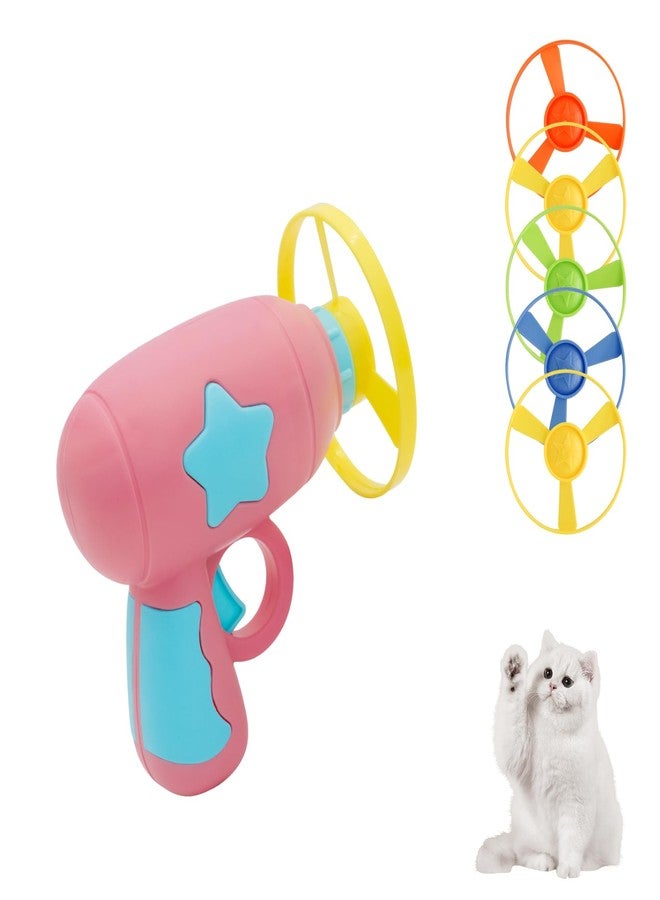 Andiker Cat Fetch Toy, Interactive Kitten Flying Disc Launcher Toy with 5 Colorful Flying Propellers for Cat Enrichment, Flying Saucer Toy for Cats for Training and Chasing (Pink) - Image 1
