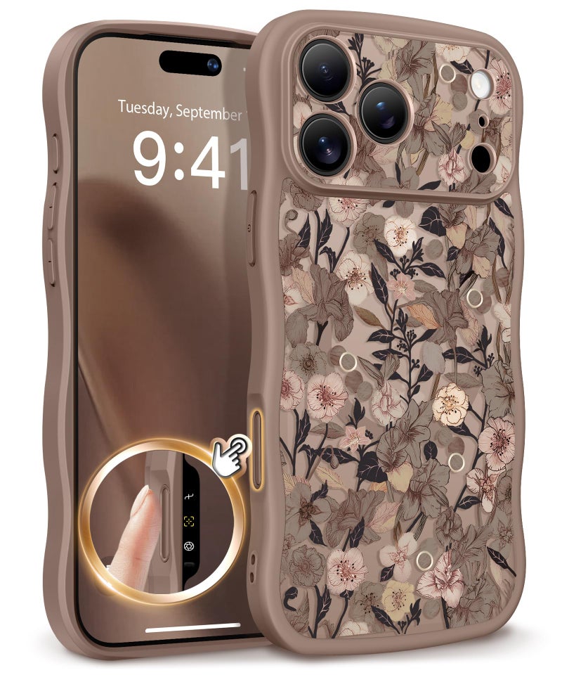 GVIEWIN for iPhone 17 Pro Case Compatible with MagSafe [Curly Wave Edge][Full Camera Protection] Floral Translucent Shockproof Magnetic Women Phone Case for iPhone 17 Pro 6.3'', Apricot Blossom/Brown - Image 1