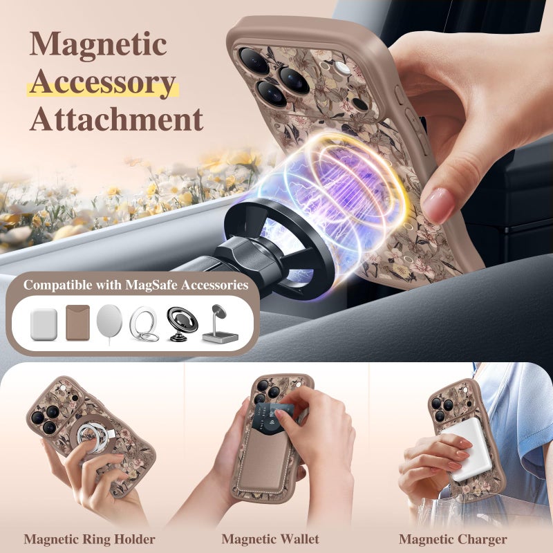 GVIEWIN for iPhone 17 Pro Case Compatible with MagSafe [Curly Wave Edge][Full Camera Protection] Floral Translucent Shockproof Magnetic Women Phone Case for iPhone 17 Pro 6.3'', Apricot Blossom/Brown - Image 4