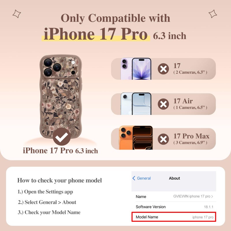 GVIEWIN for iPhone 17 Pro Case Compatible with MagSafe [Curly Wave Edge][Full Camera Protection] Floral Translucent Shockproof Magnetic Women Phone Case for iPhone 17 Pro 6.3'', Apricot Blossom/Brown - Image 2