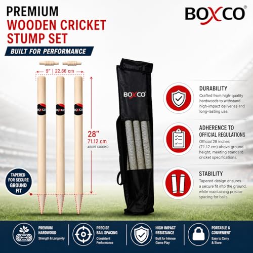 Boxco Cricket Stump Set with 3 Wooden Wickets, 2 Bails & Carry Cover Regular Size for Practice, Gully Cricket & Training - Image 3