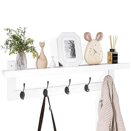 SMIBUY Coat Hooks with Shelf WallMounted 292 Inch Entryway Coat Rack for Wall Bamboo Hanging Shelf with 5 Double Metal Hooks for Bathroom Bedroom Kitchen Living Room White Black - Image 1