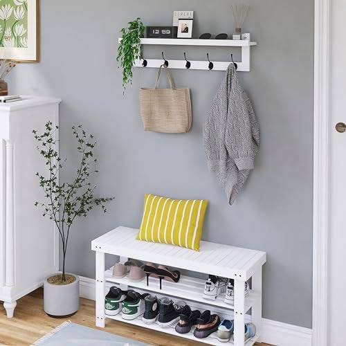 SMIBUY Coat Hooks with Shelf WallMounted 292 Inch Entryway Coat Rack for Wall Bamboo Hanging Shelf with 5 Double Metal Hooks for Bathroom Bedroom Kitchen Living Room White Black - Image 3