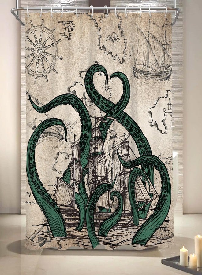 Coxila Vintage Green Octopus Shower Curtain, Mythical Kraken Sea Monster Nautical Map Decor, Retro Antique Parchment Fabric Bath Curtains for Bathroom, Cool Sea Creature Washroom Decor, 60 x 72 Inches - Image 4