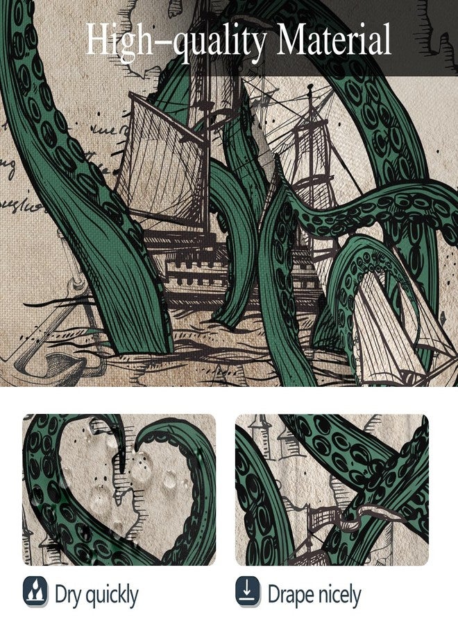 Coxila Vintage Green Octopus Shower Curtain, Mythical Kraken Sea Monster Nautical Map Decor, Retro Antique Parchment Fabric Bath Curtains for Bathroom, Cool Sea Creature Washroom Decor, 60 x 72 Inches - Image 3