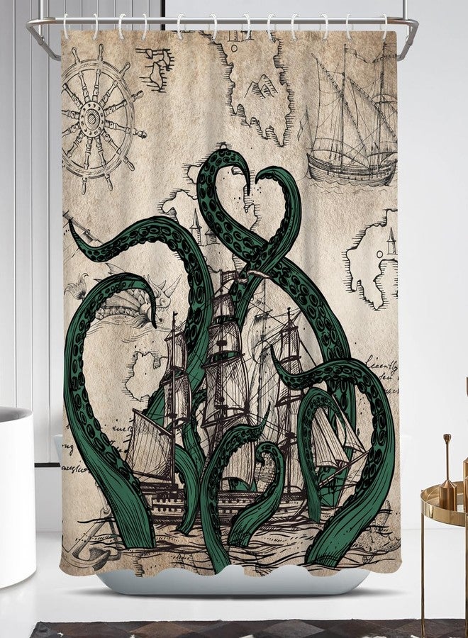 Coxila Vintage Green Octopus Shower Curtain, Mythical Kraken Sea Monster Nautical Map Decor, Retro Antique Parchment Fabric Bath Curtains for Bathroom, Cool Sea Creature Washroom Decor, 60 x 72 Inches - Image 1