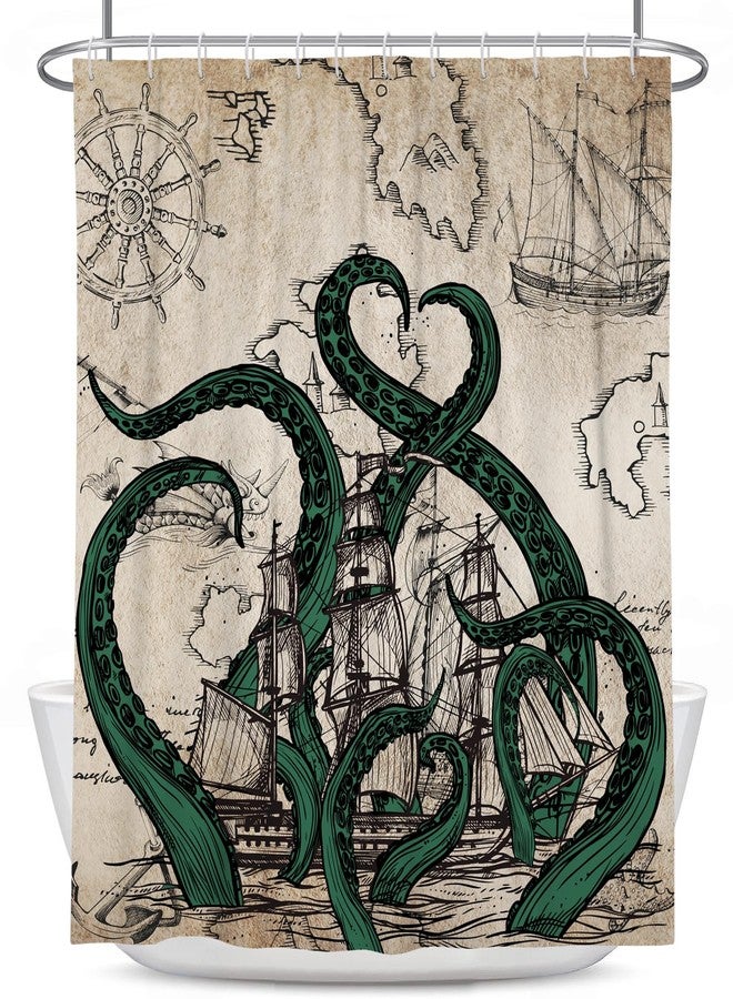 Coxila Vintage Green Octopus Shower Curtain, Mythical Kraken Sea Monster Nautical Map Decor, Retro Antique Parchment Fabric Bath Curtains for Bathroom, Cool Sea Creature Washroom Decor, 60 x 72 Inches - Image 5