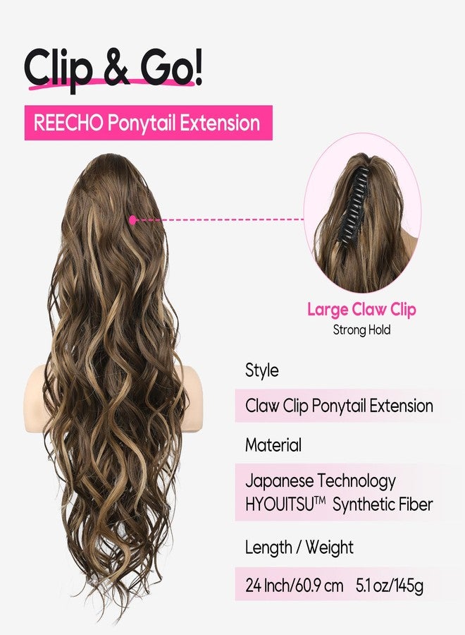 REECHO 24" Ponytail Extension Long Curly Claw Clip Ponytail Extension Jaw Clip in Pony Tails Natural Synthetic Hairpiece for Women Daily, Chocolate Brown with Highlights - Image 2
