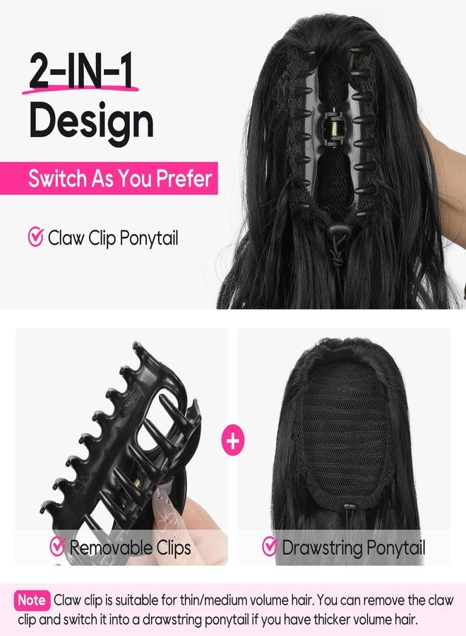 REECHO 24" Ponytail Extension Long Curly Claw Clip Ponytail Extension Jaw Clip in Pony Tails Natural Synthetic Hairpiece for Women Daily, Chocolate Brown with Highlights - Image 3
