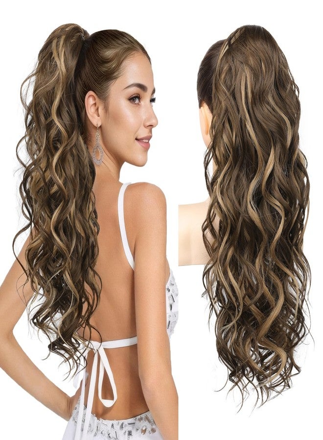 REECHO 24" Ponytail Extension Long Curly Claw Clip Ponytail Extension Jaw Clip in Pony Tails Natural Synthetic Hairpiece for Women Daily, Chocolate Brown with Highlights - Image 1