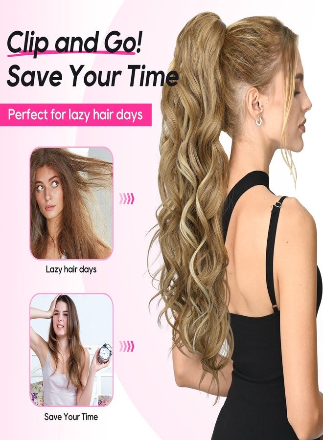 REECHO 24" Ponytail Extension Long Curly Claw Clip Ponytail Extension Jaw Clip in Pony Tails Natural Synthetic Hairpiece for Women Daily, Chocolate Brown with Highlights - Image 5