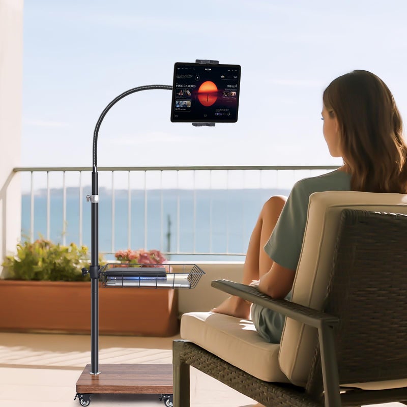 wishacc Adjustable Floor Tablet Stand with Rolling Base, Flexible Gooseneck Mount, Wood Platform, Mobile Device Holder for Indoor Use - Image 2