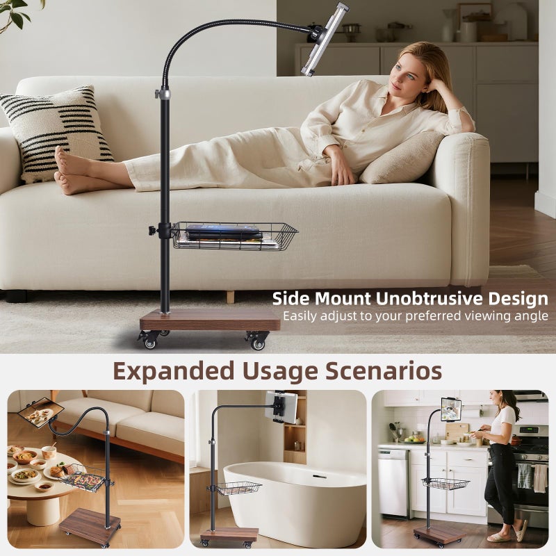 wishacc Adjustable Floor Tablet Stand with Rolling Base, Flexible Gooseneck Mount, Wood Platform, Mobile Device Holder for Indoor Use - Image 3