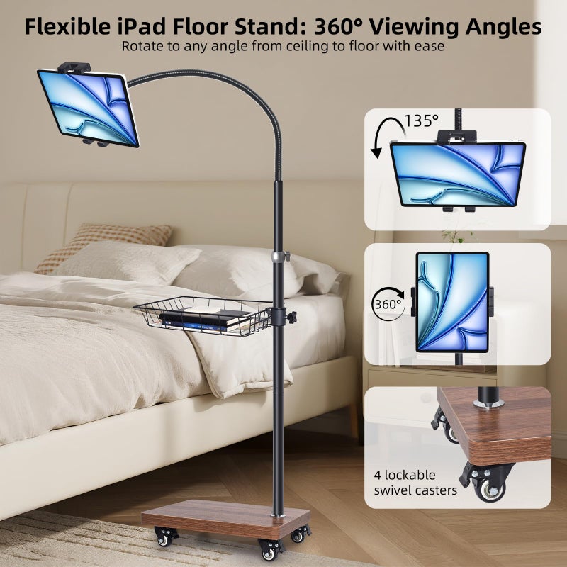 wishacc Adjustable Floor Tablet Stand with Rolling Base, Flexible Gooseneck Mount, Wood Platform, Mobile Device Holder for Indoor Use - Image 5
