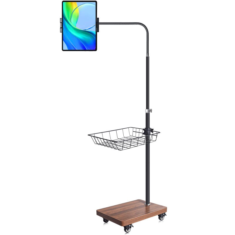 wishacc Adjustable Floor Tablet Stand with Rolling Base, Flexible Gooseneck Mount, Wood Platform, Mobile Device Holder for Indoor Use - Image 1