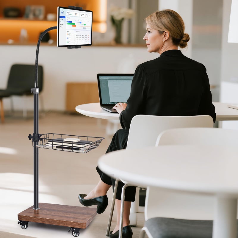 wishacc Adjustable Floor Tablet Stand with Rolling Base, Flexible Gooseneck Mount, Wood Platform, Mobile Device Holder for Indoor Use - Image 4