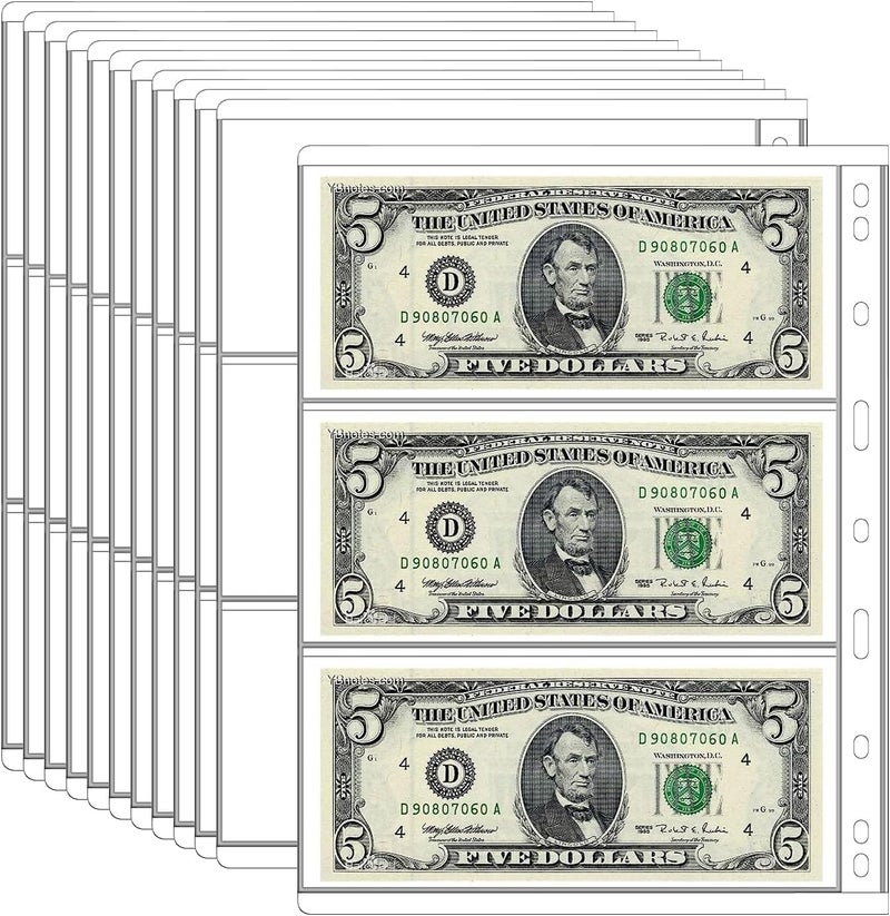 12 Sheets Paper Money Collection Supplies Pages, Currency Collecting Book Album Sleeves, 36 Pocket Money Stamp Page Holders for Standard 9-Hole Coin Collector Binder, 3 Pockets/Sheet - Image 1