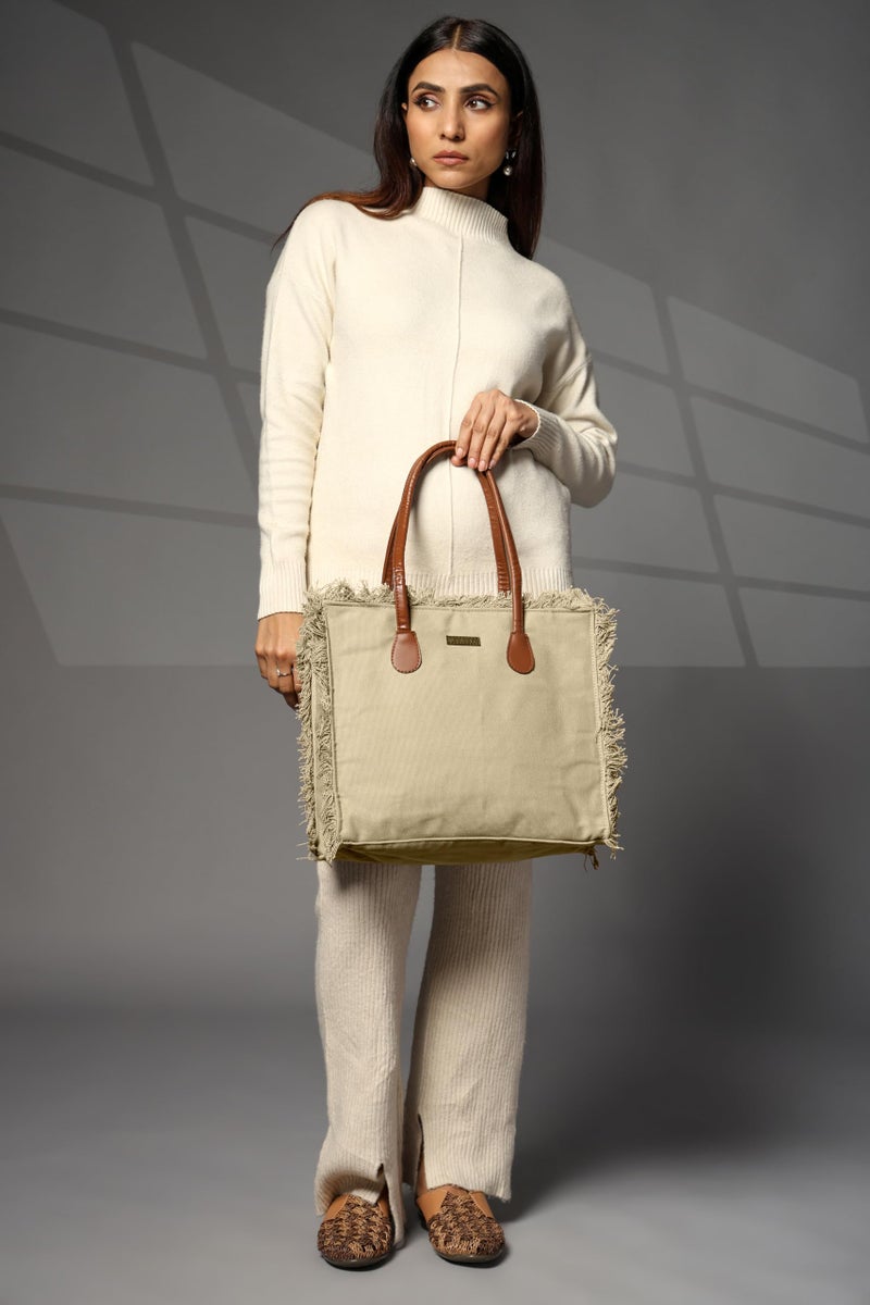 ENSAC Premium Cotton Tote Bag for Women, Stylish Handbag for women with Zip Closure | Fit for Office Bag, College, Travel Use | Handcrafted in India (Cutwork-tote-big) (MHD-GREEN) - Image 5