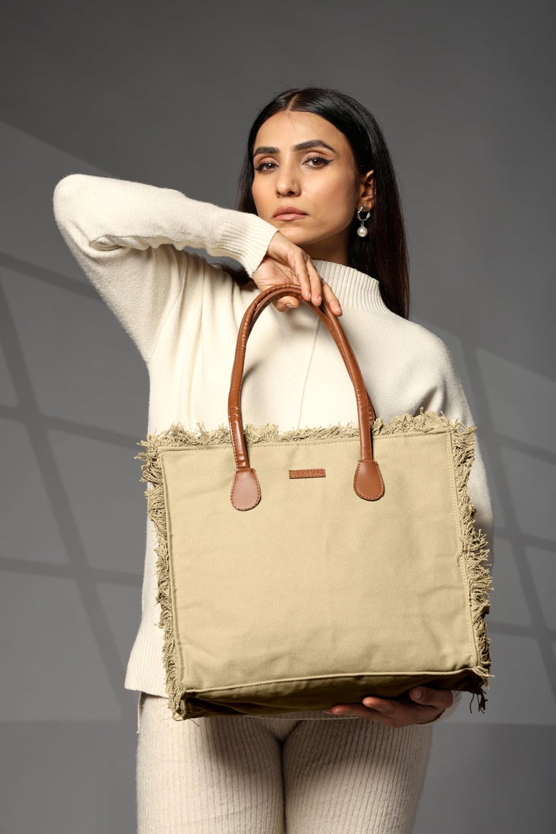 ENSAC Premium Cotton Tote Bag for Women, Stylish Handbag for women with Zip Closure | Fit for Office Bag, College, Travel Use | Handcrafted in India (Cutwork-tote-big) (MHD-GREEN) - Image 2